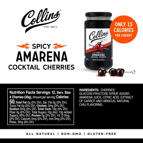 Vista 2 de Collins - Cerezas amarena picantes en almíbar, cerezas negras para Old Fashioned o Manhattan, cerezas de cóctel, guarnición para cócteles o postres