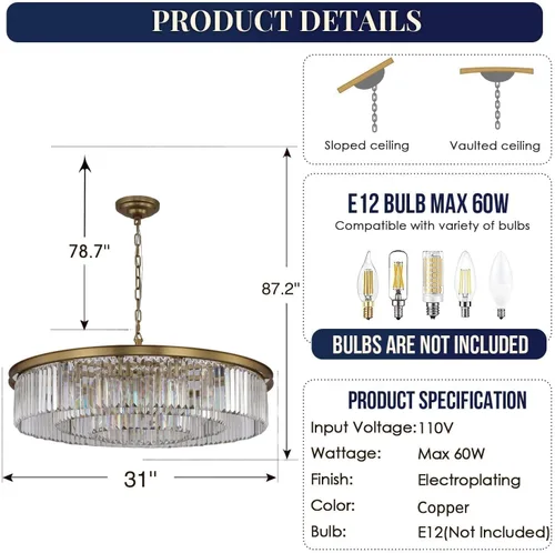 Vista 5 de Candelabro grande de cristal moderno de lujo, lámpara de techo colgante de oro antiguo para comedor, sala de estar, 12 luces, 3 niveles