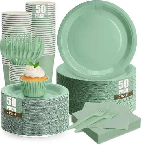 Vista 15 de Platos y servilletas de papel negro, platos desechables para fiestas, incluye platos de 7 y 9 pulgadas, tazas, servilletas, tenedores, suministros