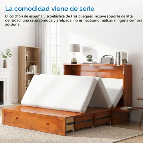 Vista 3 de Mjkone Armario de cama Queen Murphy, cama de pecho Murphy con cajón de almacenamiento, estación de carga USB, panel de noche, camas convertibles