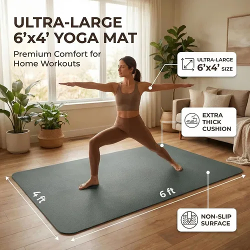 Vista 2 de Esterilla grande de yoga de 6'x 4' (72"x 48") — Esterilla de ejercicio extra ancha de 1/4" y 1/3" de 183cm x 122cm, gran esterilla de ejercicio