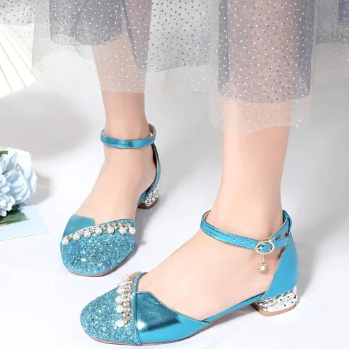Vista 6 de Zapatos de vestir para niñas, tacones altos, zapatos planos para niños pequeños, zapatos de flores con purpurina brillante, para fiesta, boda