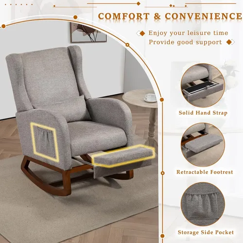 Vista 4 de Mecedora moderna para guardería, cómoda silla mecedora con reposapiés, sillón de lectura acentuado con almohada y bolsillo, mecedora tapizada