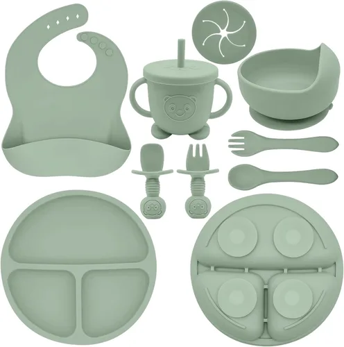 Vista 13 de Juego de Alimentación de Silicona para Bebés Suministros de Destete Dirigido por el Bebé Incluye Tazones con Ventosa y Platos Divididos, Babero