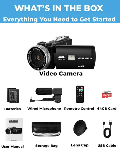 Vista 8 de Videocámara 4K 48MP con visión nocturna IR, cámara de vlogging con pantalla táctil abatible de 3.0 pulgadas para YouTube, zoom digital 18X, 2