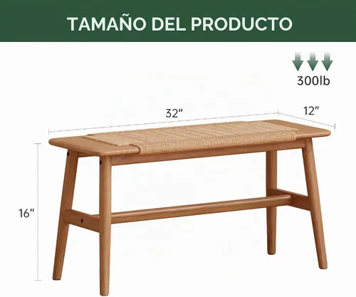 Vista 2 de Banco 100% de madera de roble macizo, diseño tejido a mano, construcción sólida de mortaja y espiga, estructura sólida de patas de silla, bancos