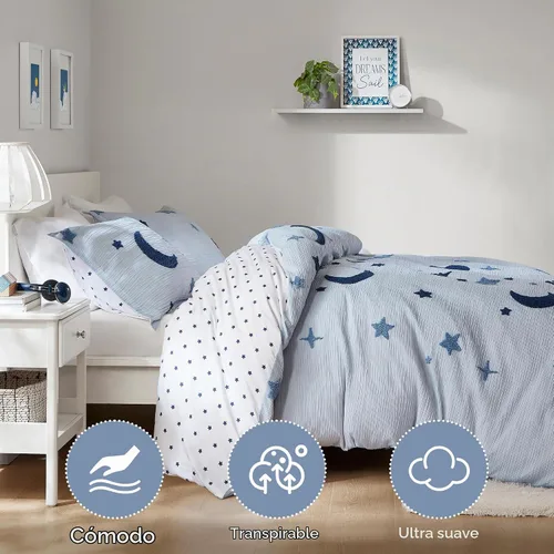 Vista 4 de Intelligent Design Kids Cosmos Juego de Edredón Tamaño Twin – Chenilla Tufted con Estrella Azul y Luna, Ropa de Cama Reversible de 2 Piezas