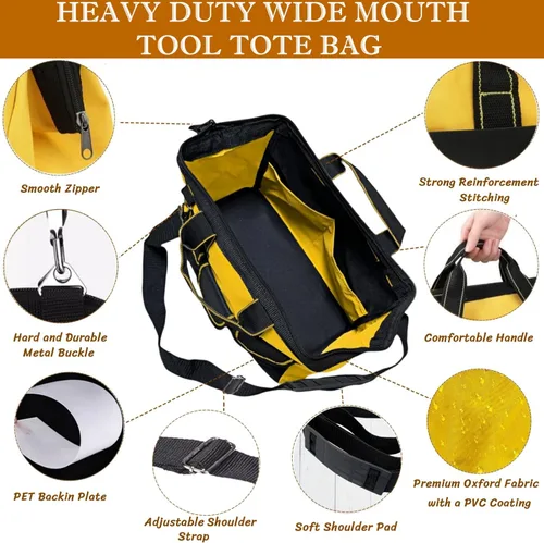 Vista 4 de BLIRITEL Bolsa de herramientas de 13 pulgadas para hombres con parte inferior dura impermeable, bolsa de herramientas de boca ancha resistente
