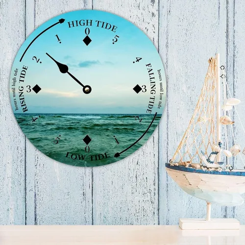 Vista 3 de Reloj de marea de madera para pared, puesta de sol, hora del océano, reloj costero, luna, marea, marea, marea, marea alta y baja, reloj
