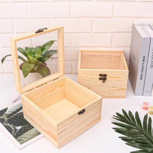 Vista 6 de 4 cajas de madera sin terminar con ventana, caja de madera para manualidades y almacenamiento con tapa superior de plástico, para recuerdos