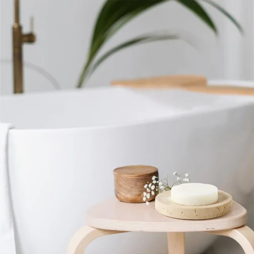 Vista 5 de Jaboneras de Mármol de Piedra Travertino Natural Soporte de Esponja para Baño, Bañera, Ducha, Fregadero de Cocina, Caja de Jabón Redonda Artesanal