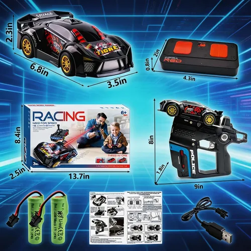 Vista 4 de Coche de deriva RC 3 en 1: juego de batalla para 2 jugadores deportivos/carreras con pistola infrarroja, efectos de disparo y giro, tiempo de juego