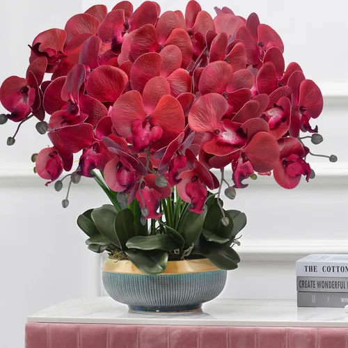 Vista 5 de FagusHome Phalaenopsis - 6 piezas de flores artificiales de orquídea con 4 paquetes de hojas, plantas con tallo para decoración del hogar (rojo)