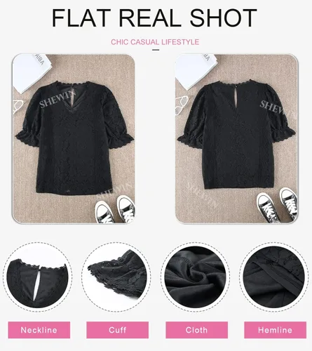 Vista 4 de SHEWIN Blusas estilo bohemio con cuello en V y encaje para mujer