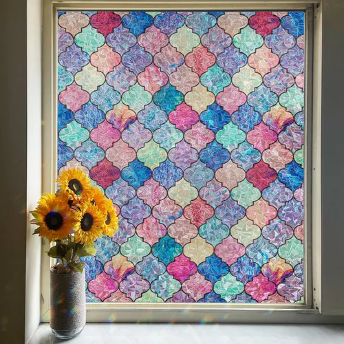 Vista 8 de Película para ventana de vitral, película de privacidad para ventana, tinte colorido de celosía, calcomanías de vidrio arcoíris para el hogar, anti