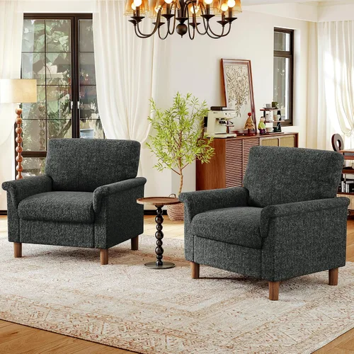 Vista 27 de Silla giratoria decorativa, moderna tapizada con brazo curvado, tela de terciopelo, cómoda silla de lectura con base de madera maciza para sala