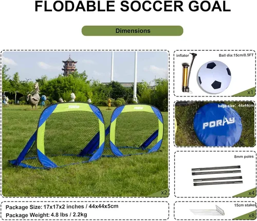 Vista 3 de Porayhut Juegos de portería de fútbol y pelotas desplegables para entrenamiento, juego de 2, fácil montaje con bolsa de transporte compacta, regalo