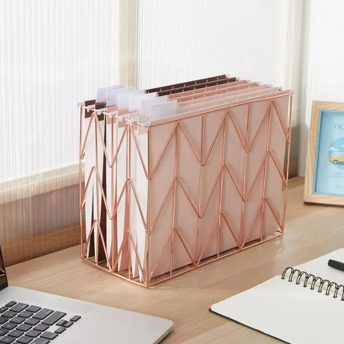 Vista 7 de Y YOMA Organizador de archivos colgantes, tamaño carta, de metal dorado rosa, cesta de almacenamiento para oficina en casa, 1 paquete, con juego