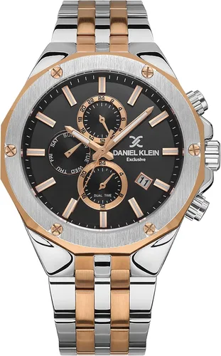 Vista 2 de Reloj analógico para hombre de 1.772 in, correa de acero inoxidable, multifunción, doble hora 12H24H, díafecha