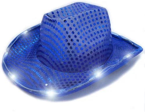 Vista 12 de Sombrero de vaquero con lentejuelas LED para fiesta de fiesta intermitente, fiesta de baile para cumpleaños, boda, festival, Halloween
