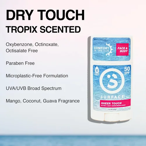 Vista 2 de Surface TROPIX - Protector solar transparente en barra, resistente al agua, de amplio espectro UVA/UVB, protección de secado rápido, sin PABA, SPF