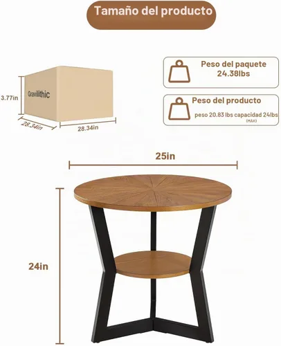 Vista 2 de Mesa auxiliar, mesa auxiliar redonda de madera para sala de estar con mesa de 2 niveles con estante de almacenamiento, diseño de soporte triangular