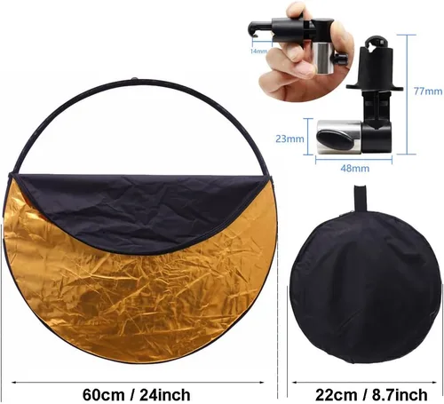 Vista 5 de Reflector de luz para fotografía con clip 24 pulgadas 5 en 1 portátil 23.6 in redondo plegable multi disco fotografía estudio foto cámara