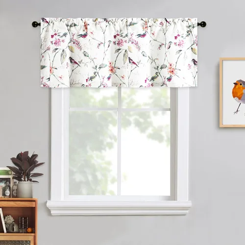 Vista 20 de VOGOL Cenefa de pájaro y bayas, decoración clásica de ventana de campo americano con estampado botánico, cortina de bolsillo para barra fácil