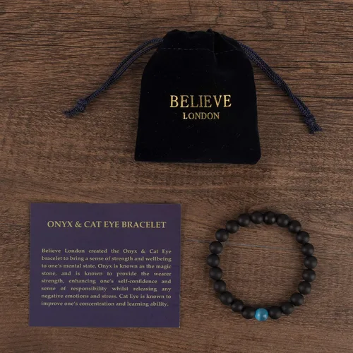 Vista 2 de Pulsera de piedra de ojo de gato y ónix en caja de regalo fuerte elástico sanación hombres mujeres piedras preciosas de cristal natural curativo