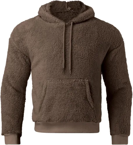 Vista 5 de JUNGE Sudadera con capucha de sherpa para hombre, de manga larga, con bolsillo frontal, para otoño, invierno, con capucha