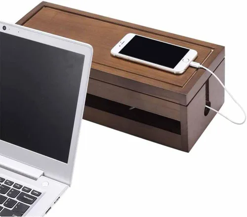 Vista 6 de Caja de almacenamiento de gestión de cables de madera, organizador de cables, funda para ocultar cables, cubierta de almacenamiento de cargador