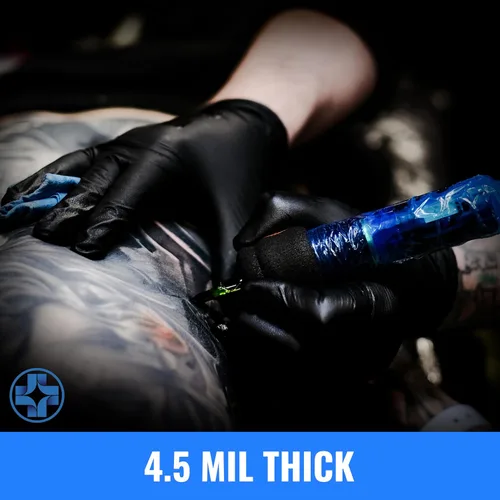 Vista 4 de Saniderm Guantes de tatuaje de nitrilo – Caja de 100 – Guantes desechables duraderos de 4.5 mil, sin polvo, sin látex