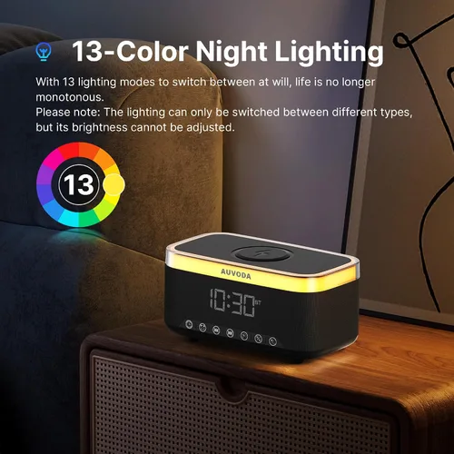 Vista 5 de Altavoz Bluetooth S300, altavoz portátil con carga inalámbrica de 15 W, luz nocturna de 13 colores, alarma, ruido blanco, radio, estéreo de 16 W