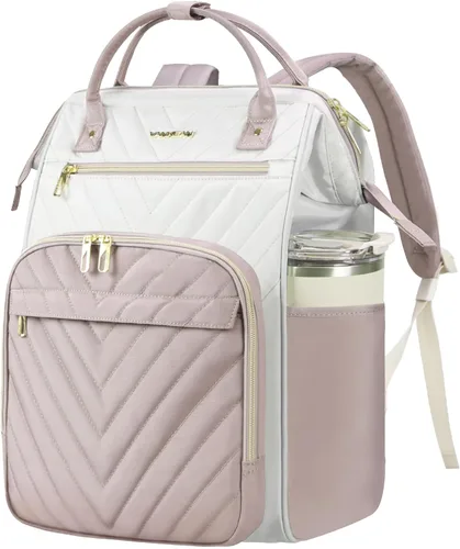 Vista 12 de VANKEAN Mochila para portátil de 17 pulgadas para mujeres y hombres, bolsa de trabajo de computadora de moda, Beige-café, 15,6 pulg., 7702