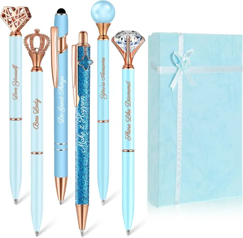 Vista 12 de Qeeenar 6 bolígrafos elegantes para mujer, bolígrafo de diamantes de cristal para diario, bonito bolígrafo con purpurina con caja, regalos Negro