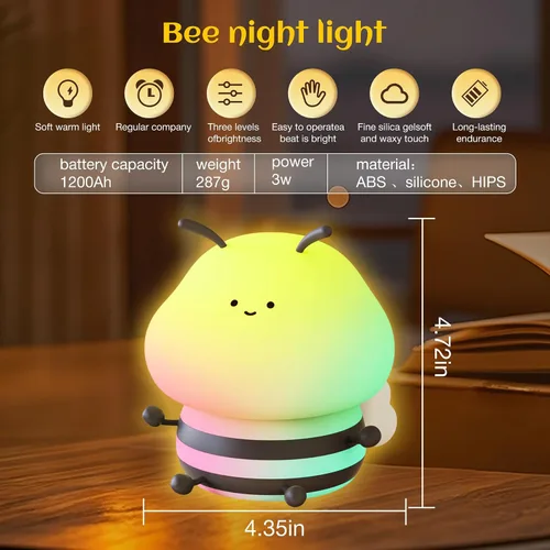 Vista 7 de Luz nocturna de abeja para niños, lámpara blanda, luz nocturna de animales, 3 niveles de brillo, lámpara para niños que cambia de color, lámparas