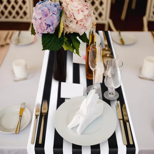Vista 5 de Camino de mesa a rayas de poliéster, diseño a rayas, moderno, camino de mesa elegante para eventos en interiores, cenas familiares, banquetes al