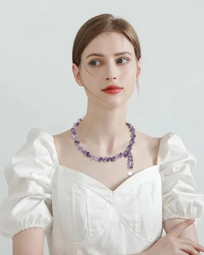 Vista 2 de Firstmeet Collar de piedra larga de ágata con cuentas de cadena redonda suave pulsera joyería para mujer Amatista