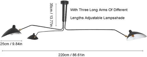 Vista 7 de Candelabro moderno de mediados de siglo negro con brazo oscilante y pantalla ajustable, candelabro de 3 brazos negro, lámparas colgantes grandes