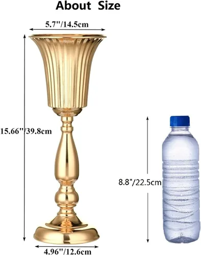 Vista 6 de 10 piezas de jarrón dorado para centro de mesa, soporte de metal para flores, decoraciones de boda para recepción, jarrón de trompeta de 15.6