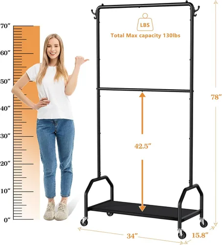 Vista 2 de Wiracks Perchero doble para colgar ropa, perchero para ropa, 130 libras, capacidad 34.5 pulgadas de ancho x 15.8 pulgadas de profundidad x 79