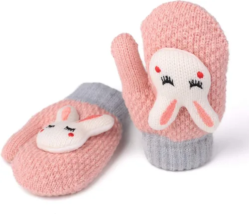 Vista 3 de Flammi - 2 pares de mitones para bebés, niños y niñas, forro de sherpa de invierno, guantes de punto cálido, guantes de dibujos animados para niños