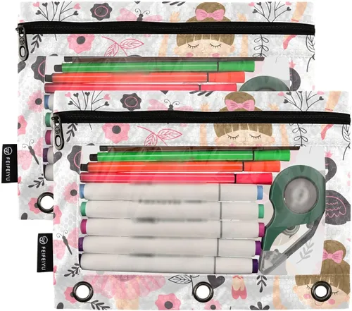Vista 2 de Linda bolsa de lápices de bailarina para carpeta de 3 anillos, 2 bolsas para lápices con cremallera, estuche transparente con cremallera para Ballet