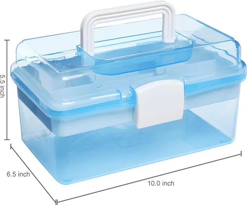 Vista 7 de MyGift Caja de almacenamiento de plástico de 10 pulgadas con bandeja extraíble, organizador de manualidades azul y caja de almacenamiento de arte
