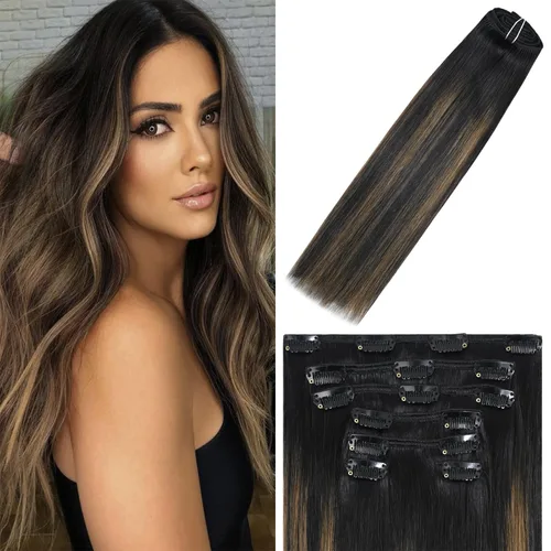 Vista 9 de WindTouch - Extensiones de cabello humano liso con pinzas, color negro azabache, 2.47 onzas, N.° 1, 12 pulgadas, 7
