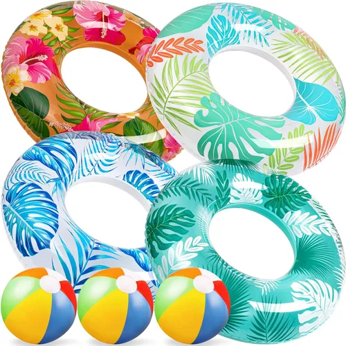 Vista 8 de 90shine Paquete de 7 flotadores de piscina en forma de dona: flotadores inflables y bolas de playa, tubos flotantes y juguetes para niños y adultos