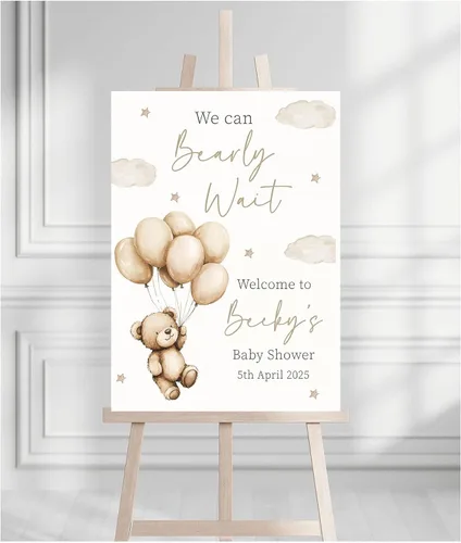 Vista 17 de Letrero de bienvenida para baby shower, personalizable, con texto en inglés «We Can Bearly Wait» Neutral Cute Teddy Bear Theme, varios tamaños