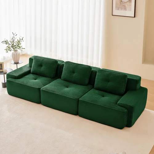 Vista 115 de Sofá moderno comprimido sin armazón de 116", sofás seccionales de 3 plazas para sala de estar, sofá seccional modular de pana verde nube, espuma