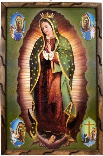 Vista 2 de Mrcjsales: imagen de Nuestra Señora de Guadalupe con imágenes en la esquina en marco rústico, pintura al óleo, 24 x 36 pulgadas, 13 x 18 pulgadas