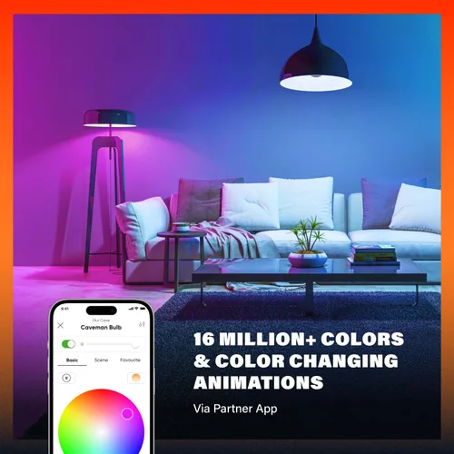 Vista 2 de Caveman Matter & WiFi - Bombilla LED inteligente A19, cambio de color RGBW, blanco cálido y frío sintonizable, 800 lm (equivalente a 60 W) - Alexa